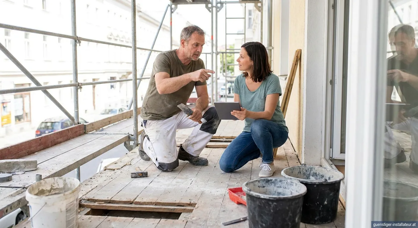 Handwerker bei professioneller Balkonsanierung arbeiten