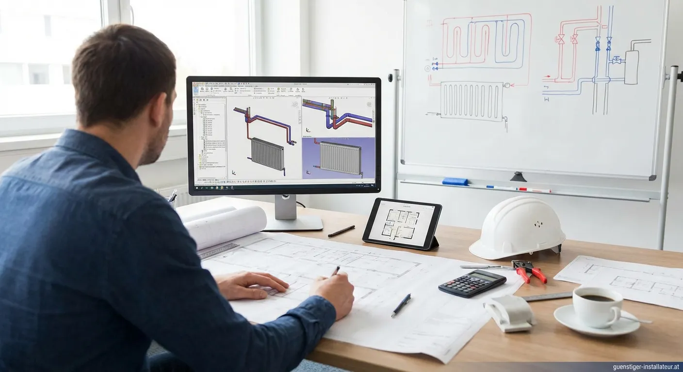 Fachplaner Heizung Sanitär prüft technische Zeichnungen auf Baustelle