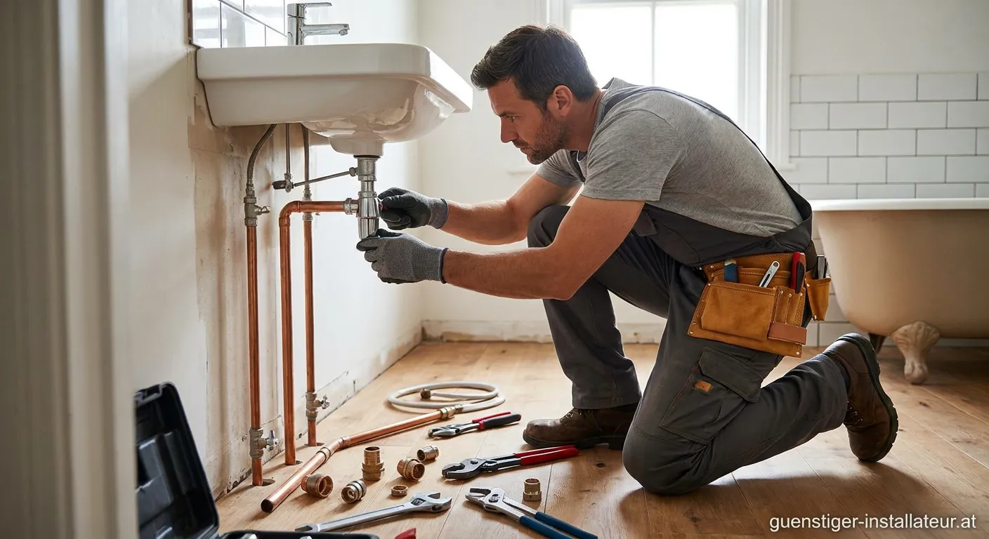 Handler Installateur bei der Installation einer Heizungsanlage