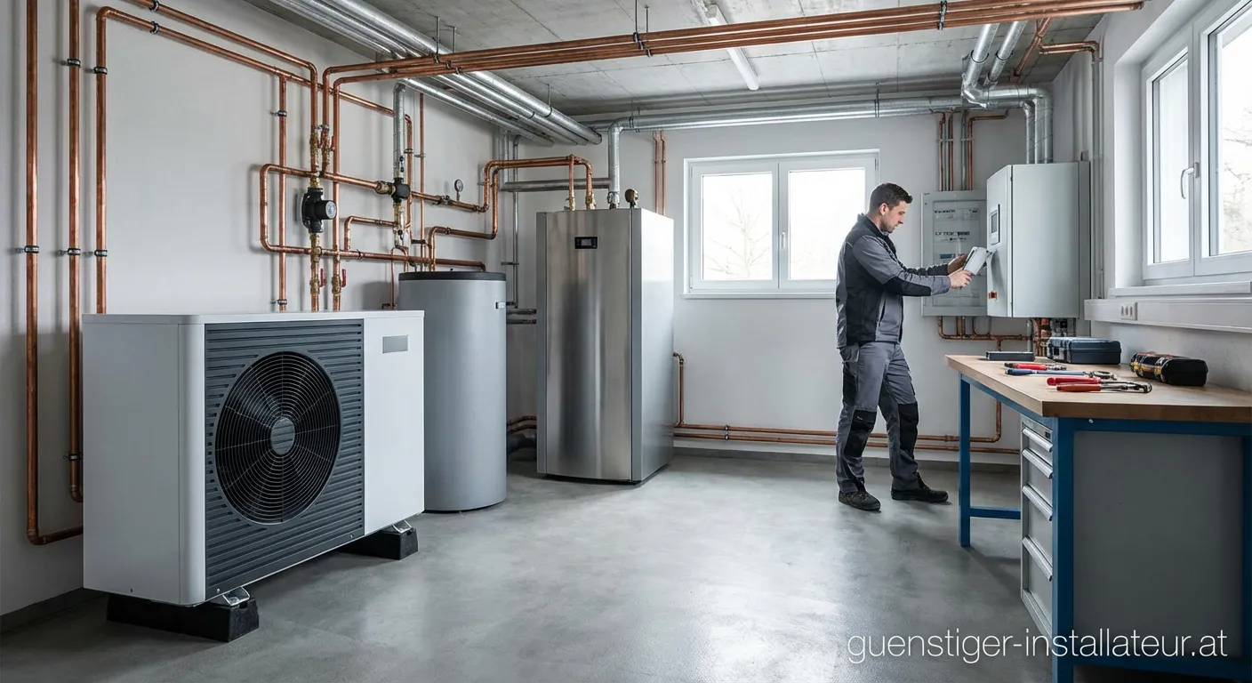 Professionelle Installation von Heizungsrohren und Messgeräten im Heizungskeller