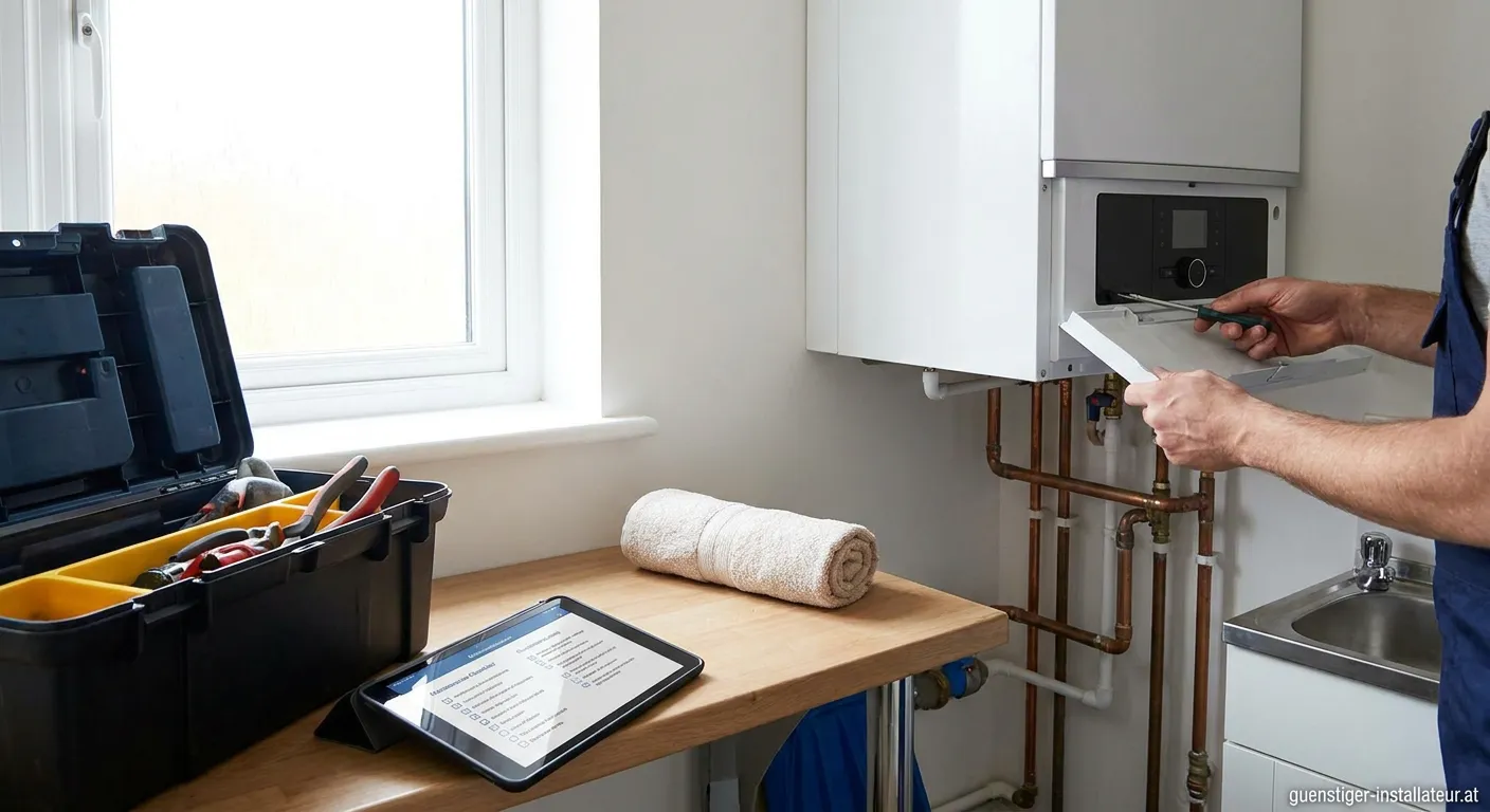 Installateur überprüft eine moderne Heizungs- und Sanitäranlage