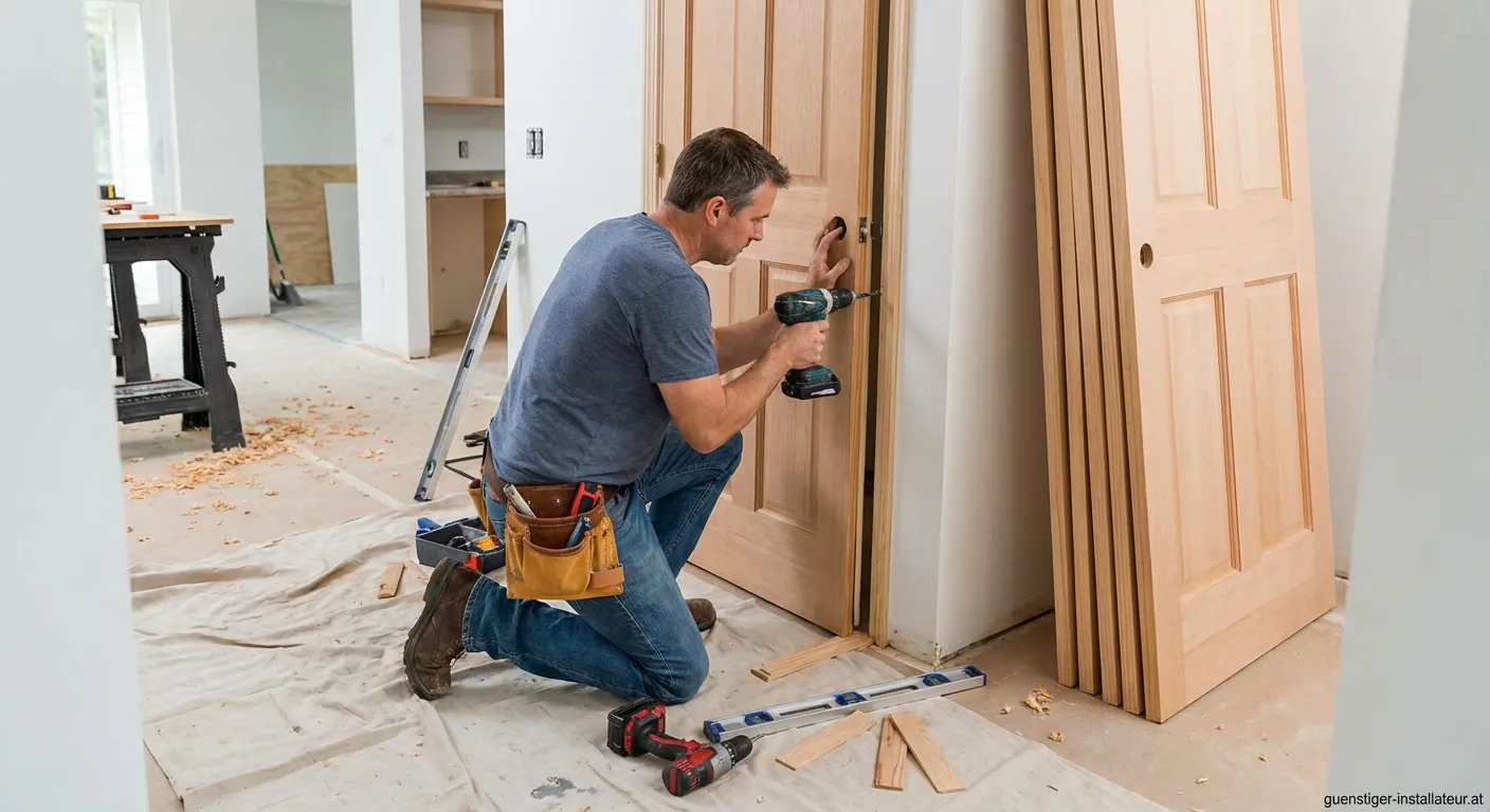 Handwerker montiert eine weiße Innentür fachgerecht mit Wasserwaage