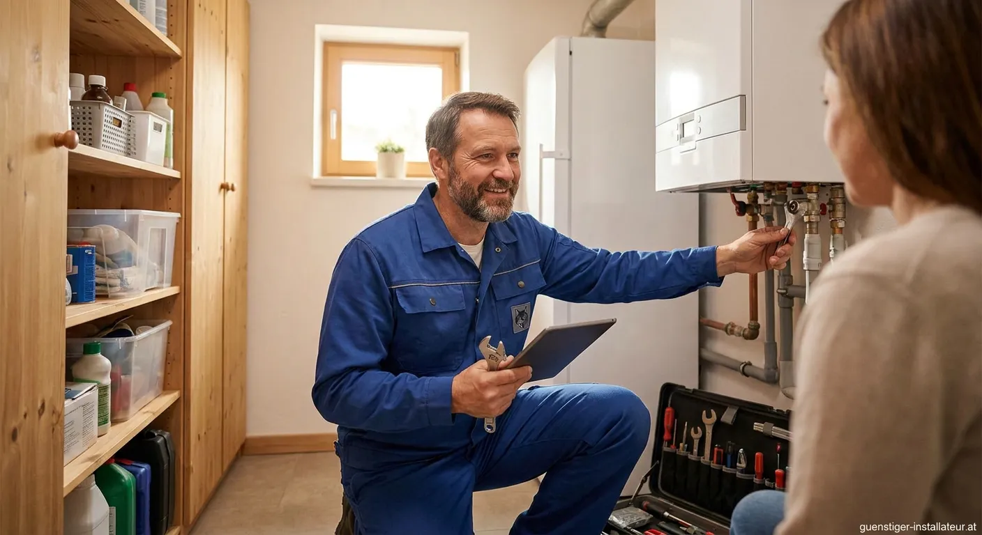 Installateur Wolf bei der Arbeit an einer Heizungsanlage