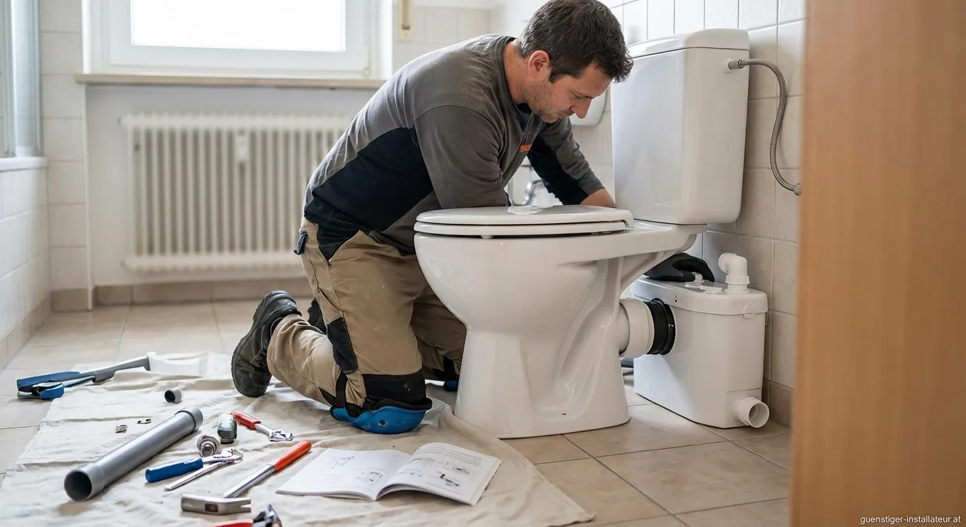 Sanibroyeur Installateur bei der Arbeit an einer Hebeanlage im Badezimmer