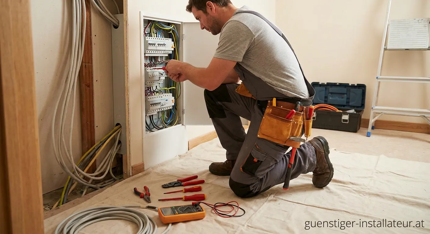 Elektriker mit Werkzeug bei Elektroinstallation