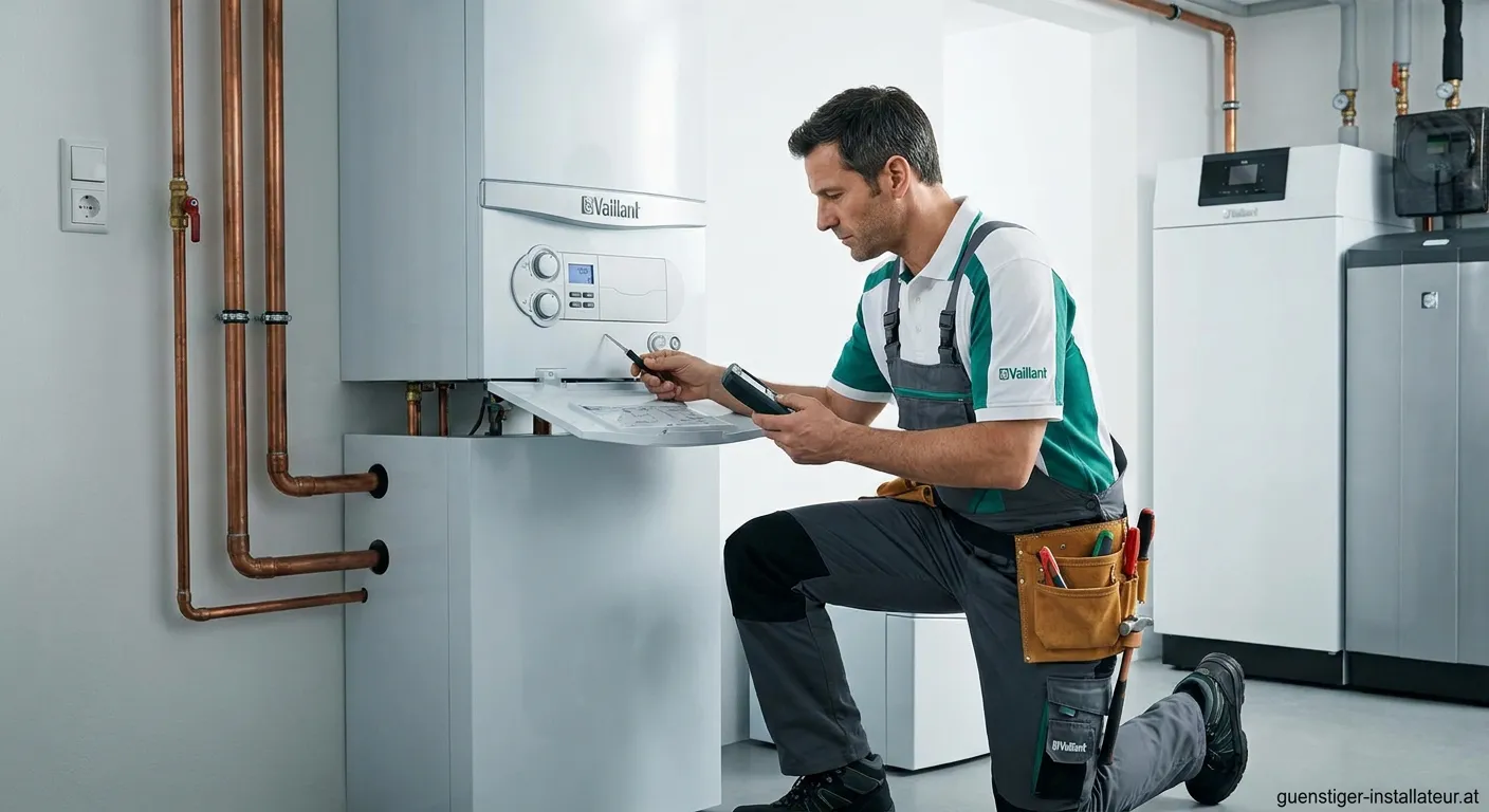 Zertifizierter Vaillant Installateur bei der Wartung einer modernen Gastherme