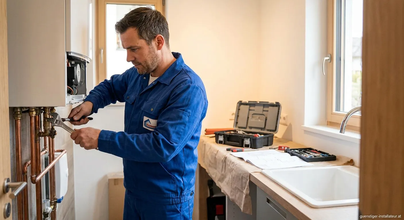 Wagner Installateur bei der Arbeit an einer Heizungsanlage